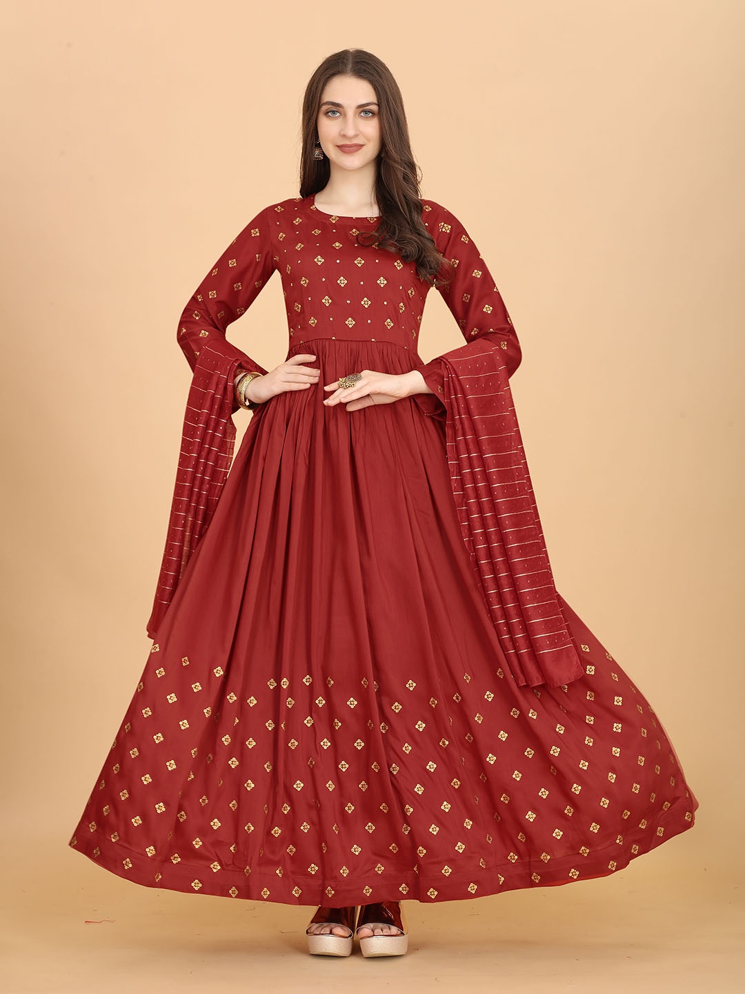 

Mclothings Women Floral Printed Anarkali Silk Kurta With Dupatta, Rust
