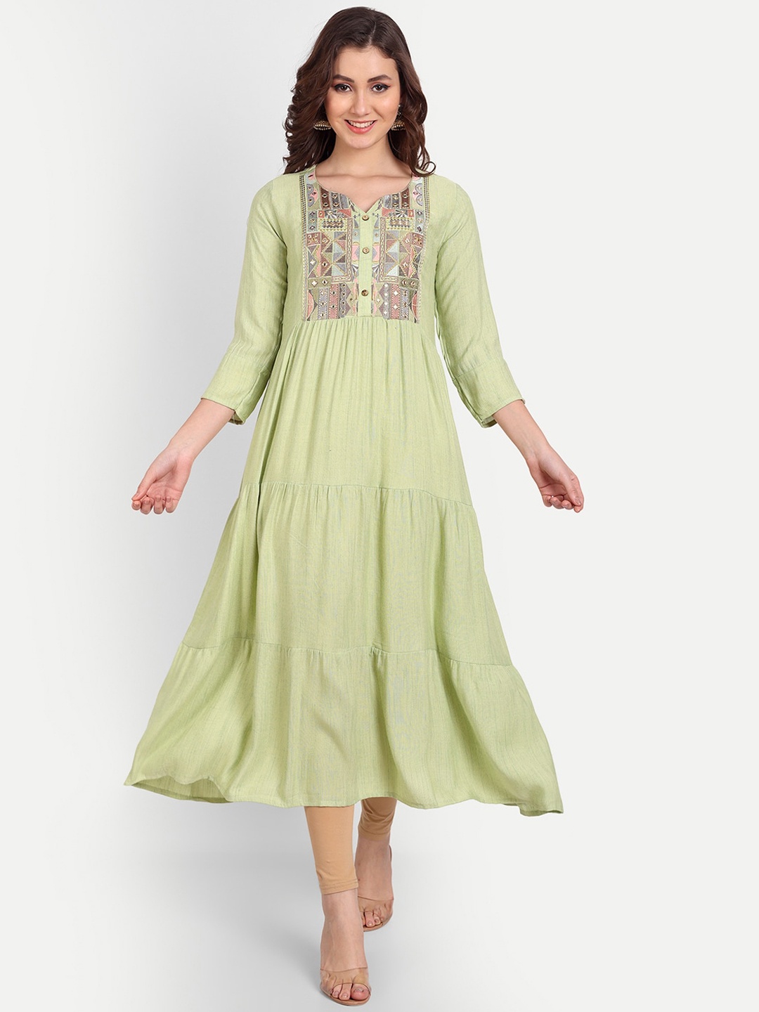 

Mclothings Women Ethnic Motifs Yoke Design Mirror Work Anarkali Kurta, Sea green