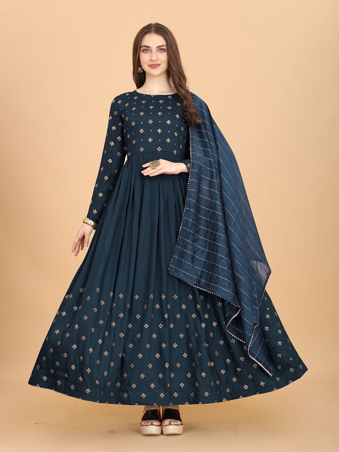 

Mclothings Women Ethnic Foil Printed Sequins Detail Anarkali Silk Kurta, Navy blue