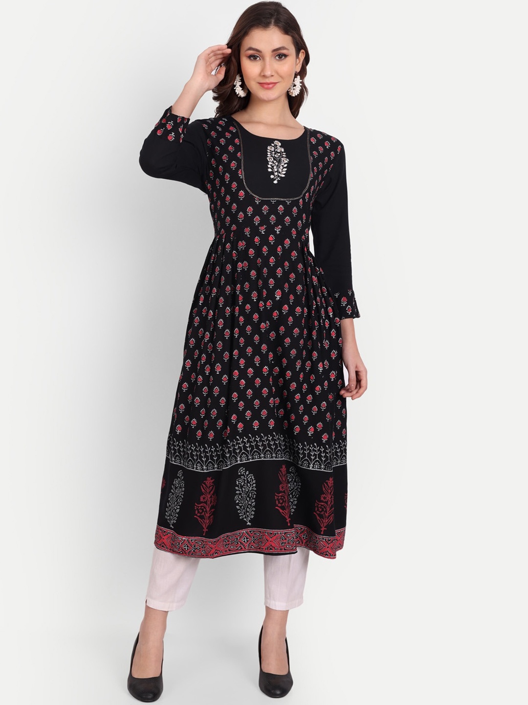 

Mclothings Women Ethnic Motifs Block Print Organic Cotton Anarkali Kurta, Black
