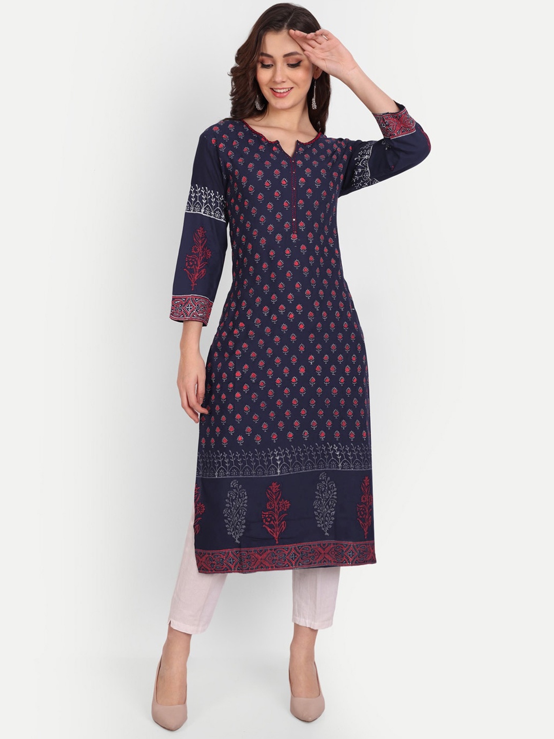 

Mclothings Women Ethnic Motifs Printed Organic Cotton Kurta, Navy blue