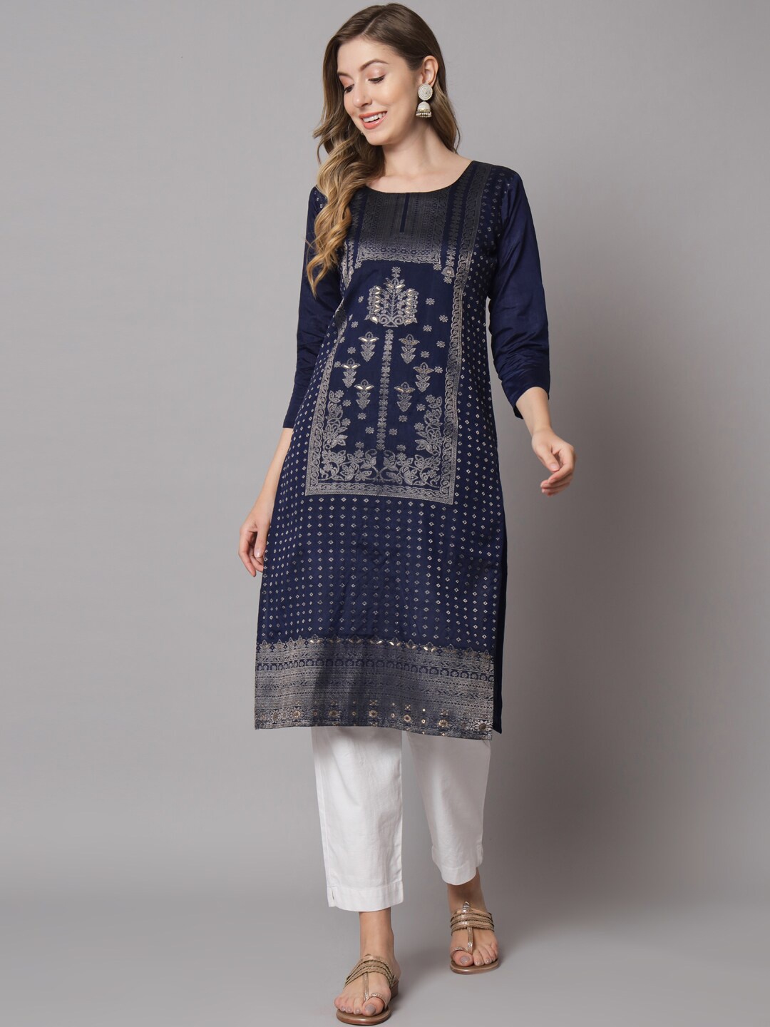 

HERE&NOW Women Ethnic Motifs Kurta, Navy blue