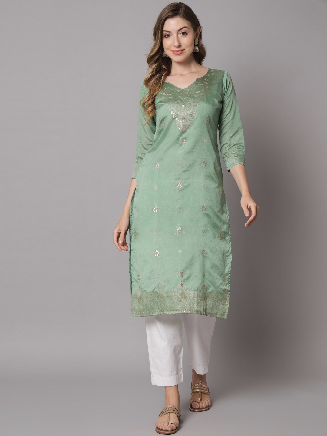 

HERE&NOW Women Notched Neck Ethnic Motifs Kurta, Olive