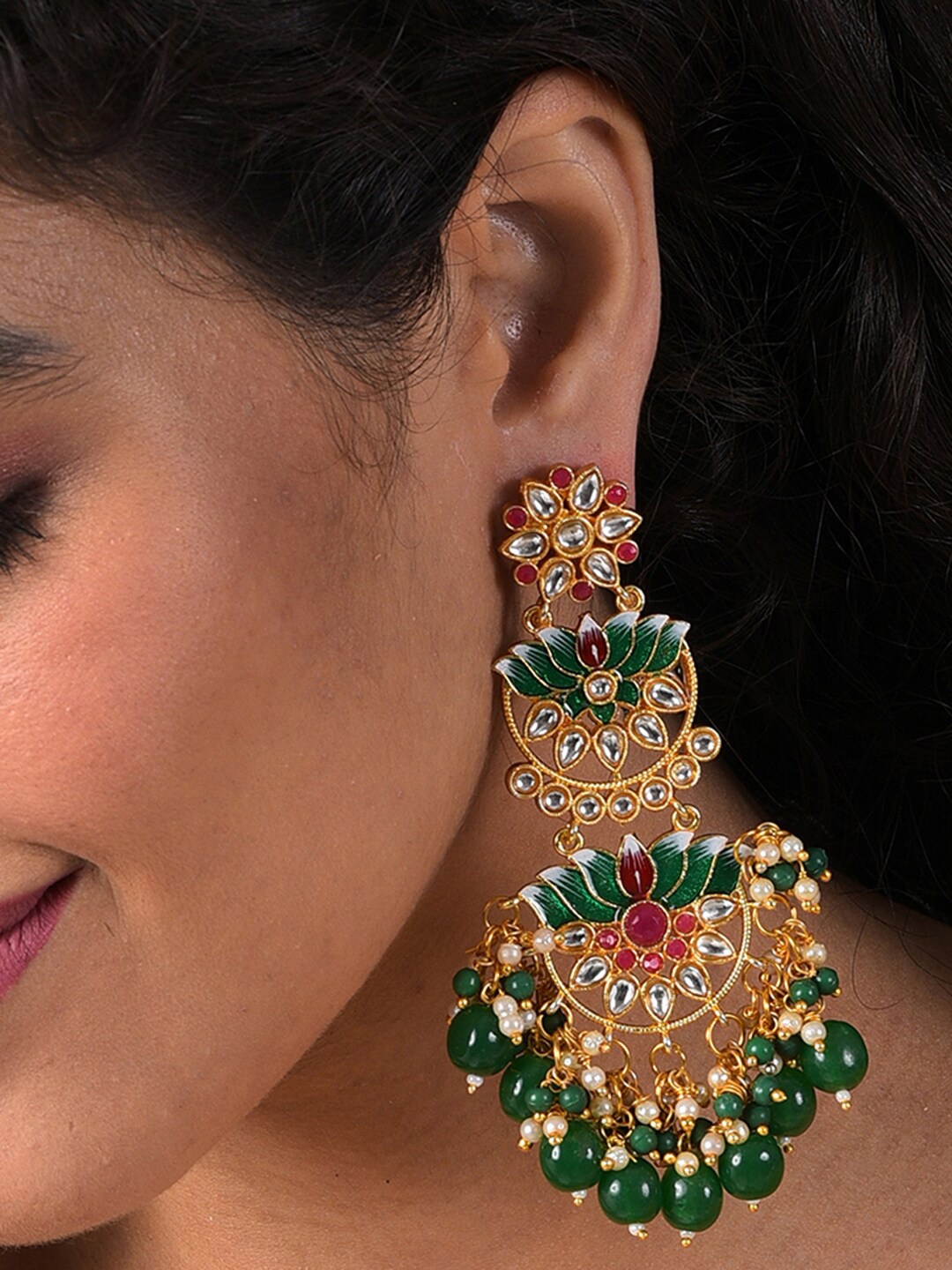 

SOHI Green Floral Lotus Chandbalis Earrings