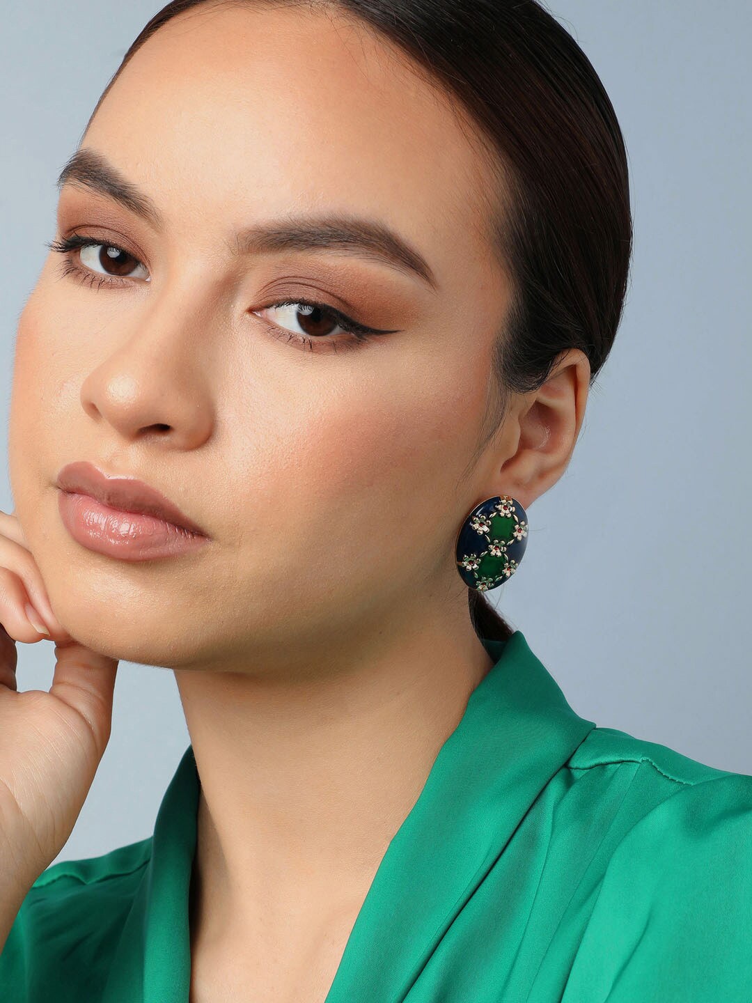 

SOHI Oval Floral Design Studs Earrings, Green