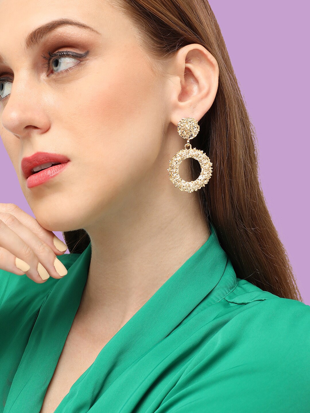 

SOHI Gold-Plated Stone studded Contemporary Drop Earrings