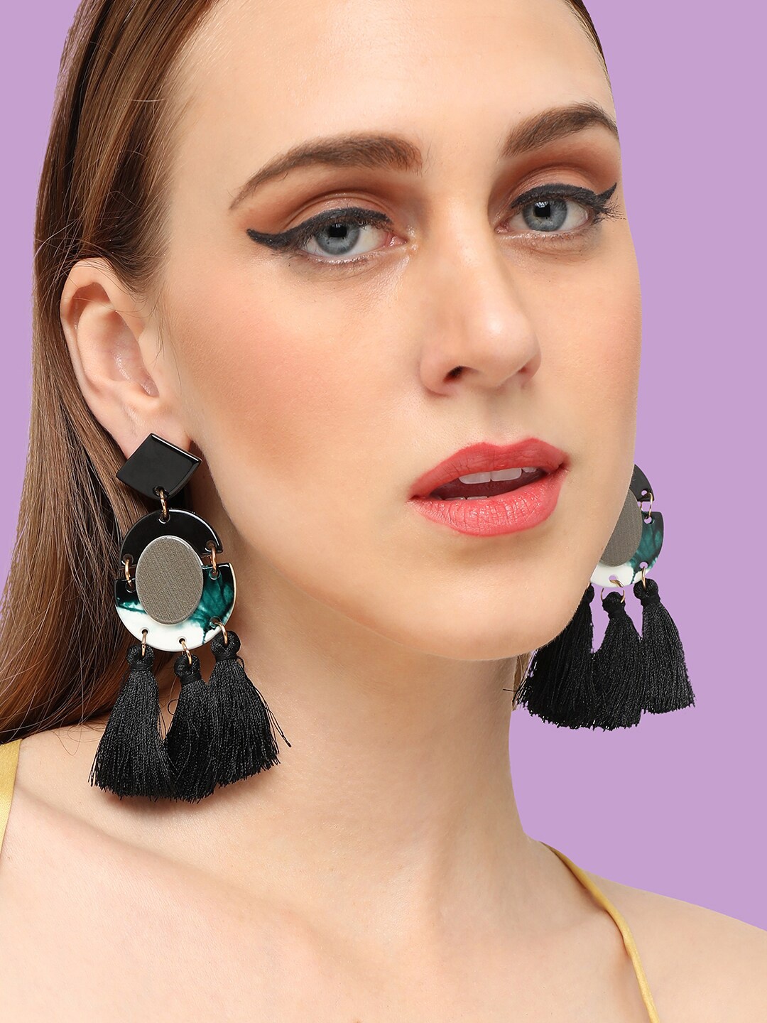 

SOHI Gold-Plated Contemporary Drop Earrings, Black
