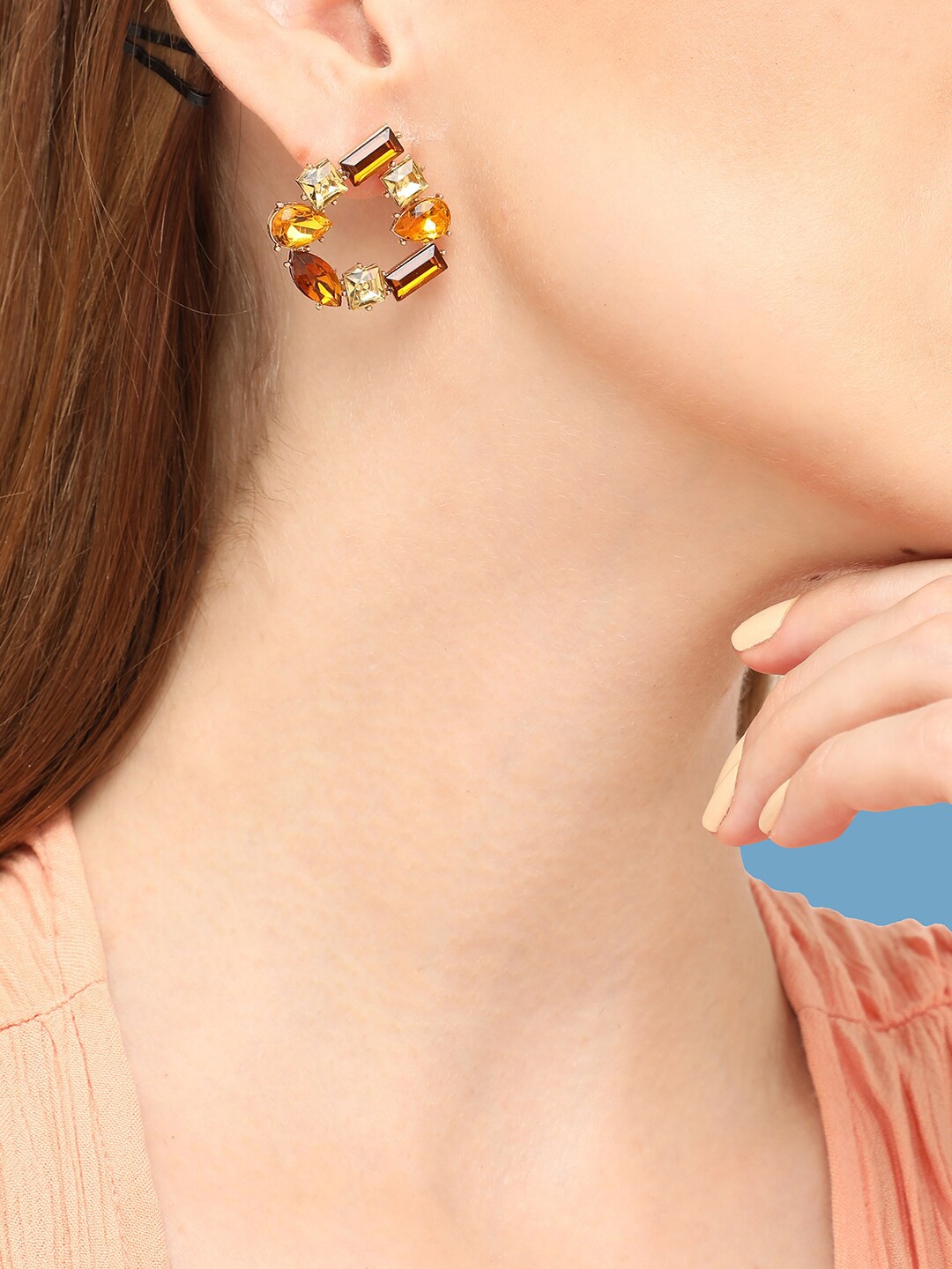 

SOHI Women Gold-Plated Geometric Studs Earrings, Brown