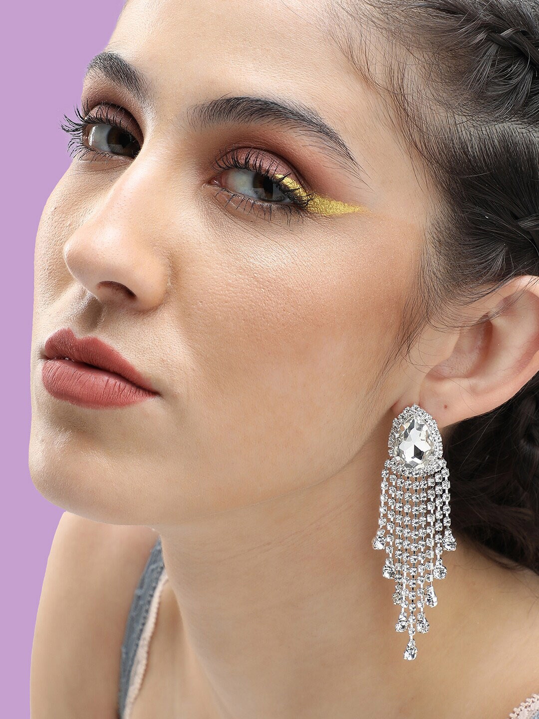 

SOHI Silver-Plated Stone Studded Contemporary Drop Earrings, White