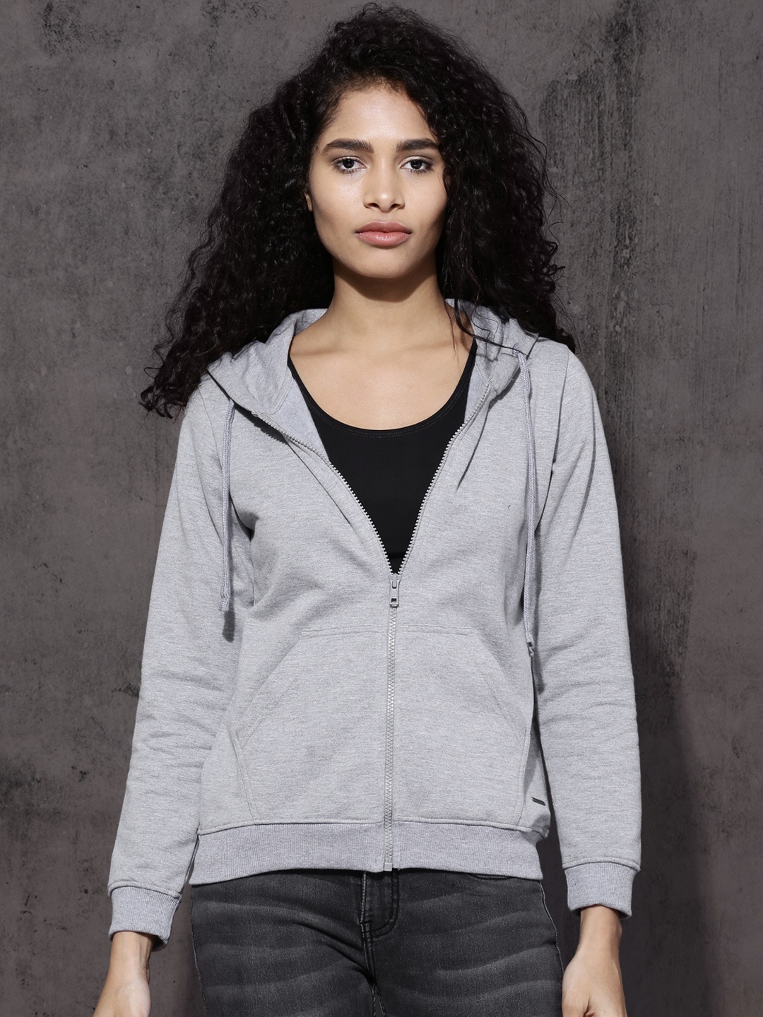 

Roadster Women Grey Melange Solid Hooded Sweatshirt