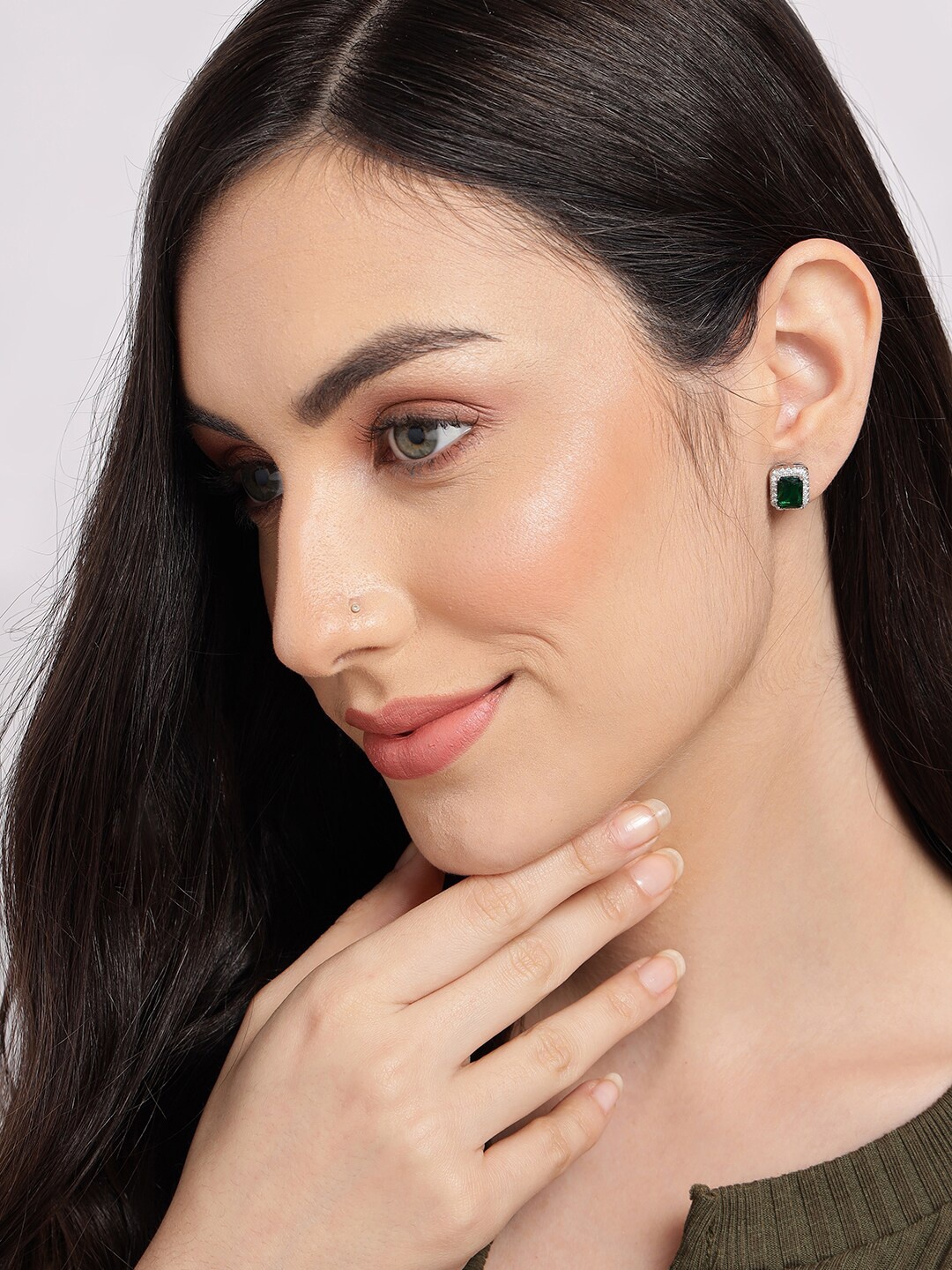 

SOHI Silver-Plated Stone Studded Square Studs Earrings, Green
