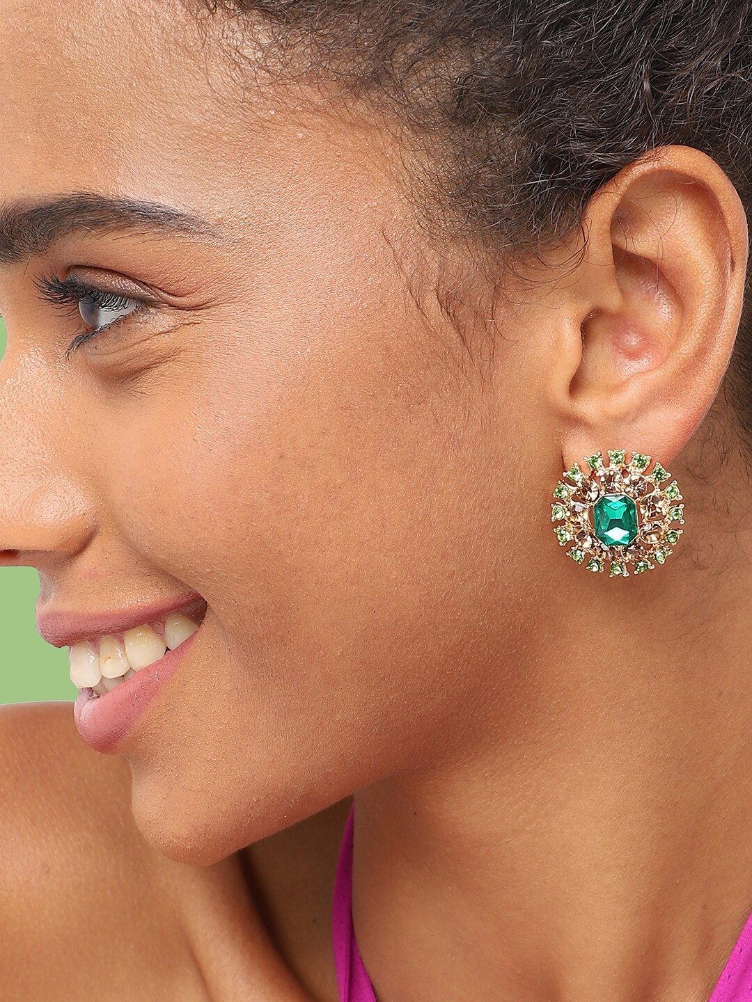 

SOHI Gold-Plated Stone Studded Circular Studs Earrings, Green