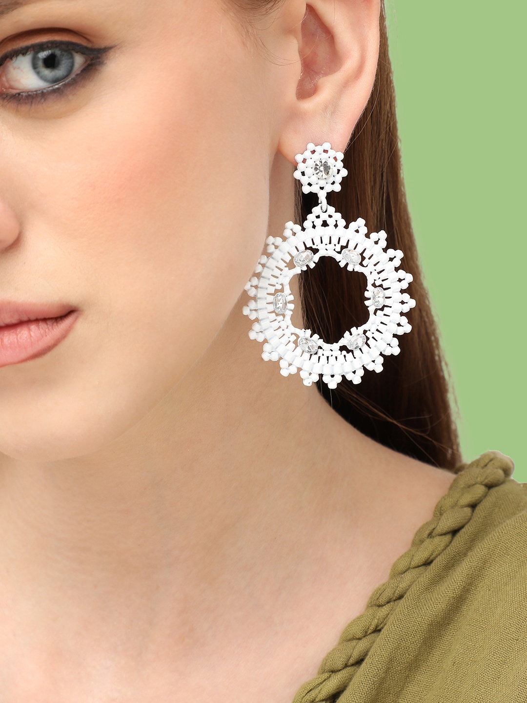 

SOHI Silver-Plated Stone Studded Circular Drop Earrings, White