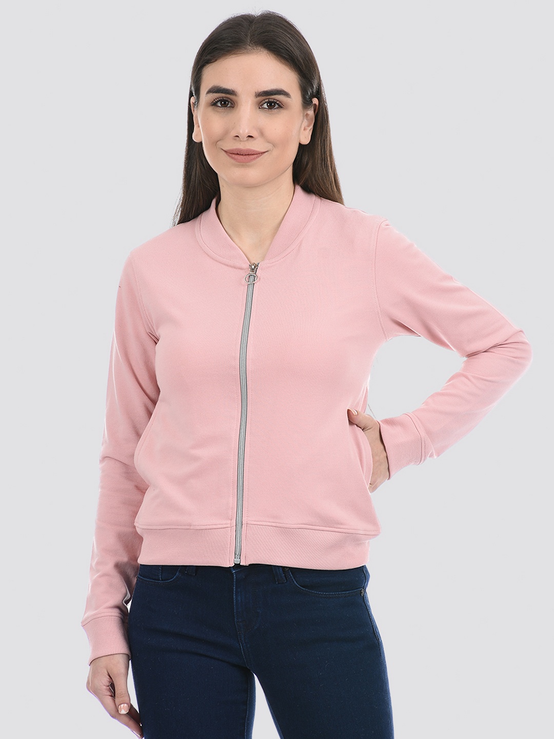 

ONEWAY Women Mandarin Collar Cotton Bomber Jacket, Pink