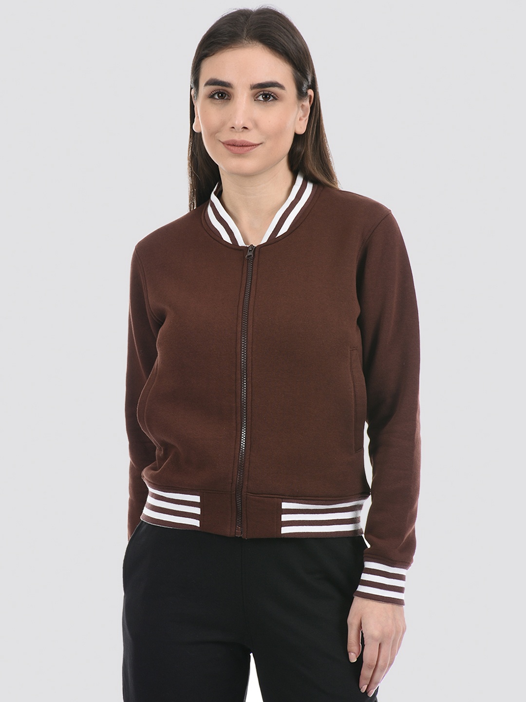 

ONEWAY Women Striped Detail Cotton Mandarin Collar Crop Bomber Jacket, Brown