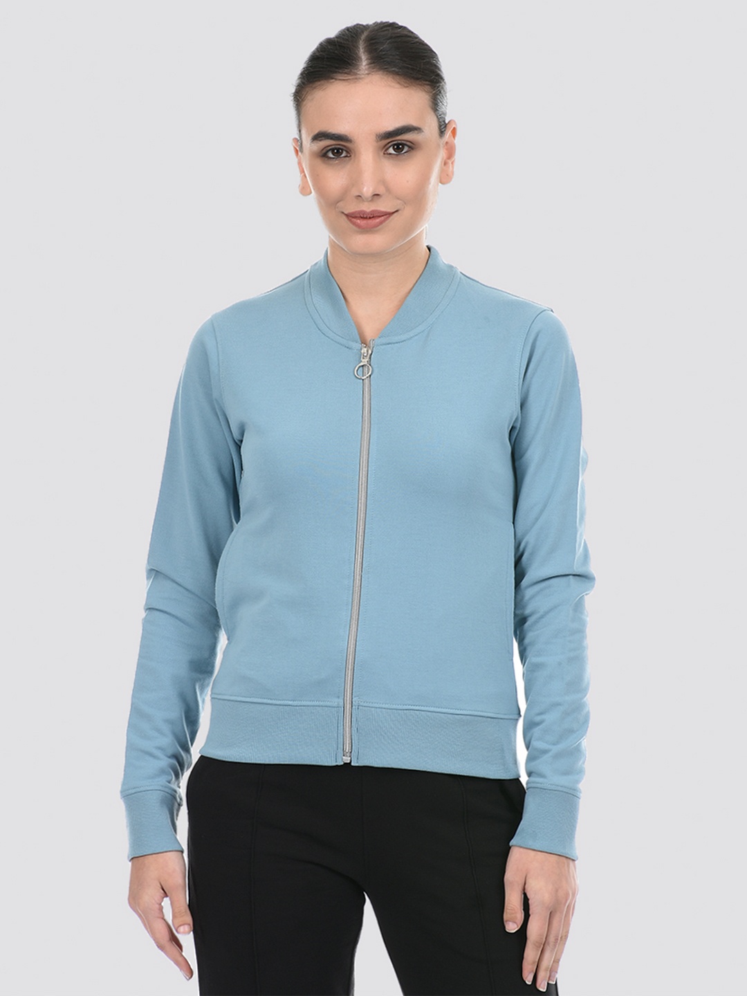 

ONEWAY Women Solid Cotton Bomber Jacket, Blue
