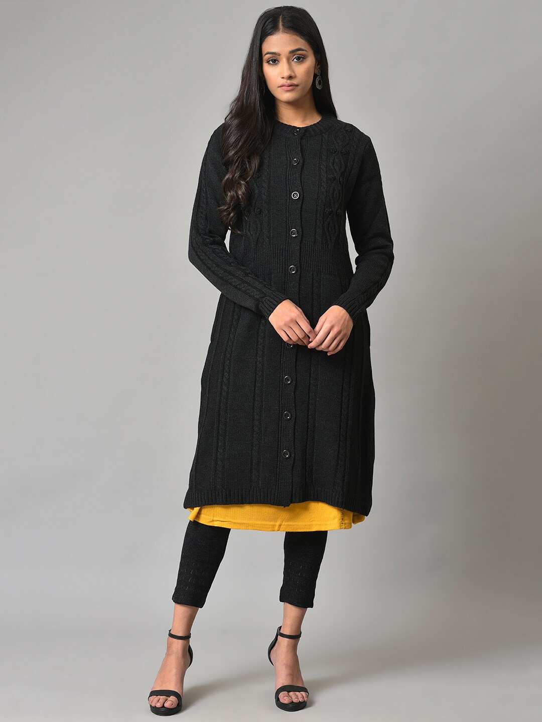 

W Cable Knit Longline Cardigan Straight Sweaters, Black