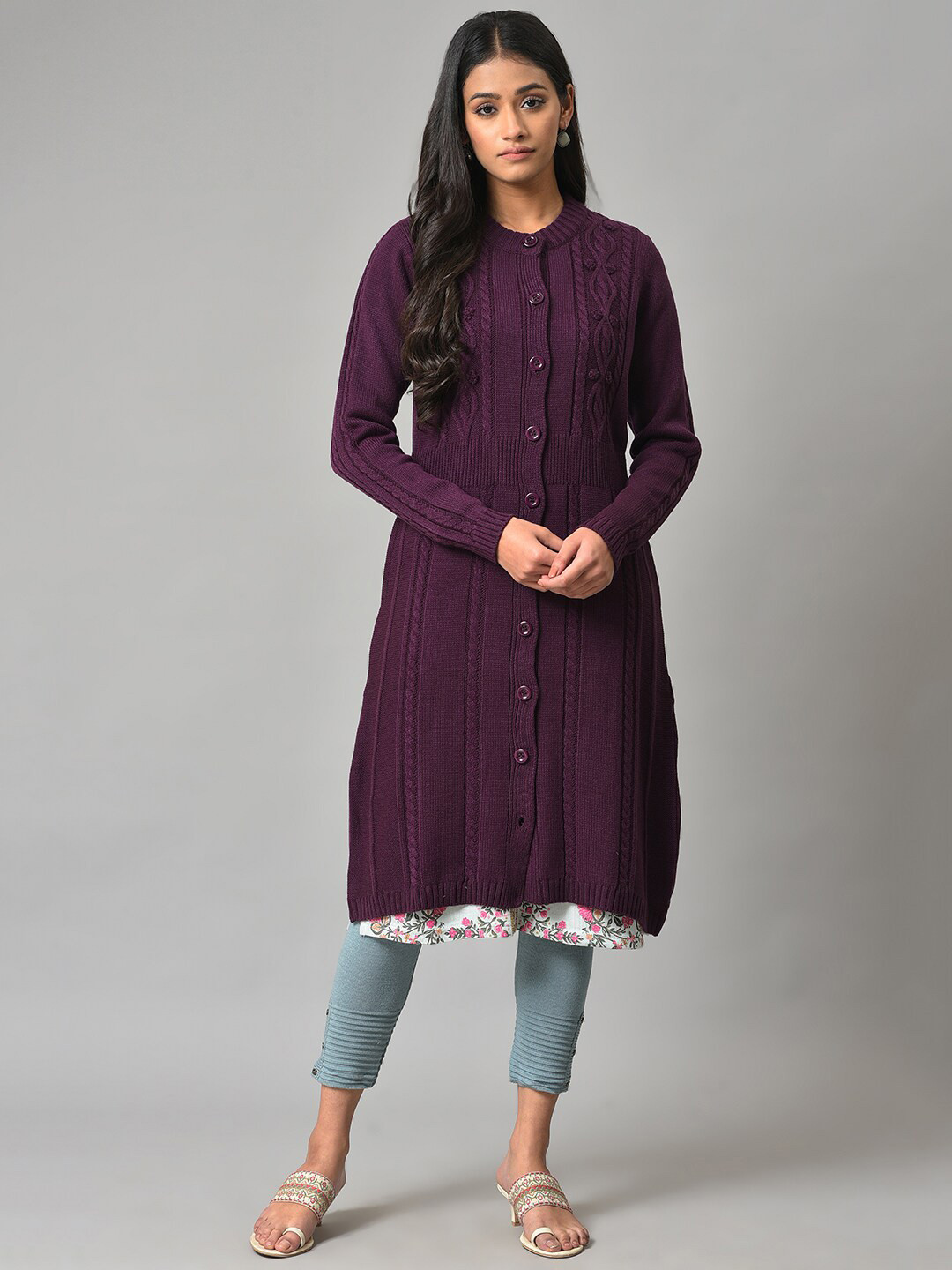 

W Women Cable Knit Acrylic Longline Cardigan, Purple