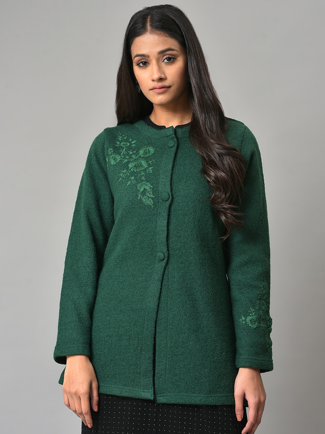 

W Women Round Neck Wool Longline Cardigan, Green