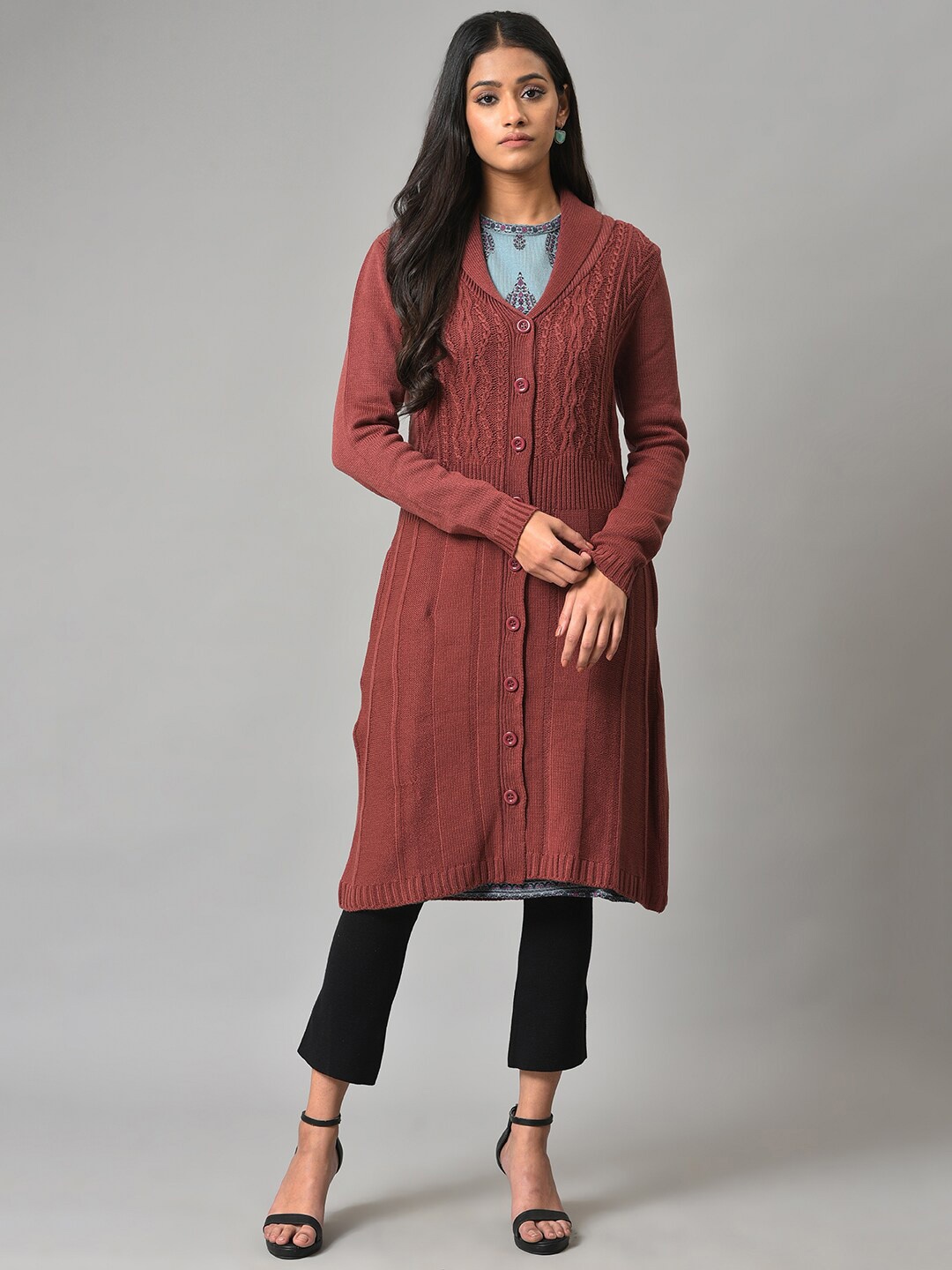 

W Women Cable Knit Acrylic Longline Cardigan, Coral