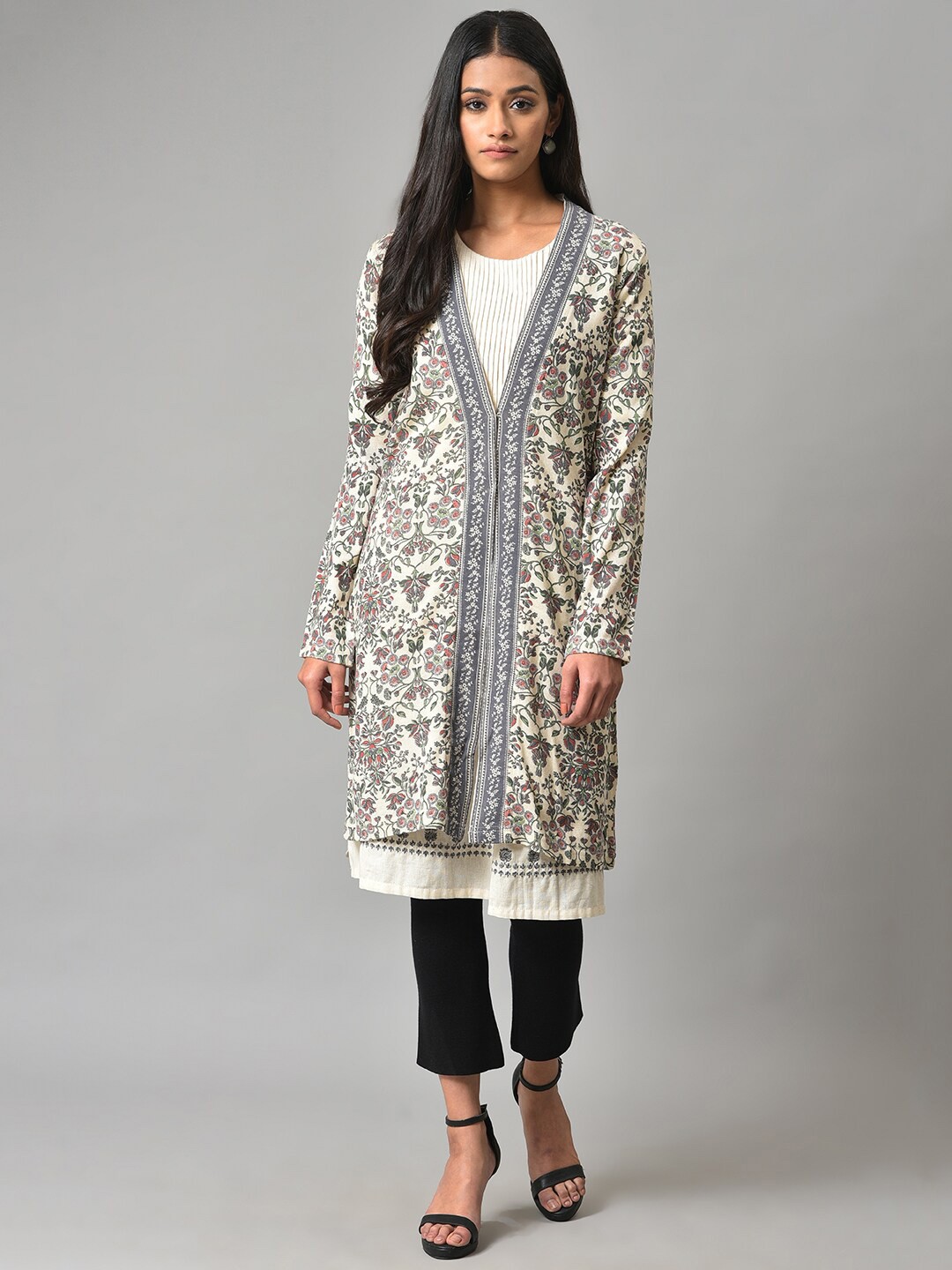 

W Women Floral Printed Acrylic Longline Cardigan, White