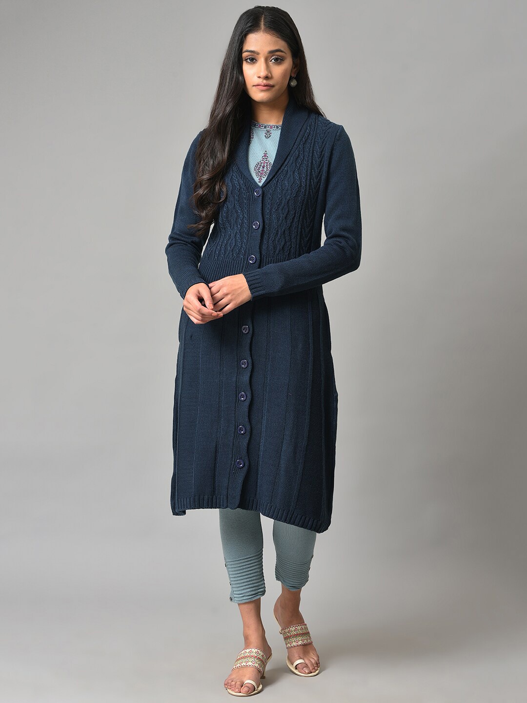 

W Women Cable Knit Acrylic Longline Cardigan, Blue