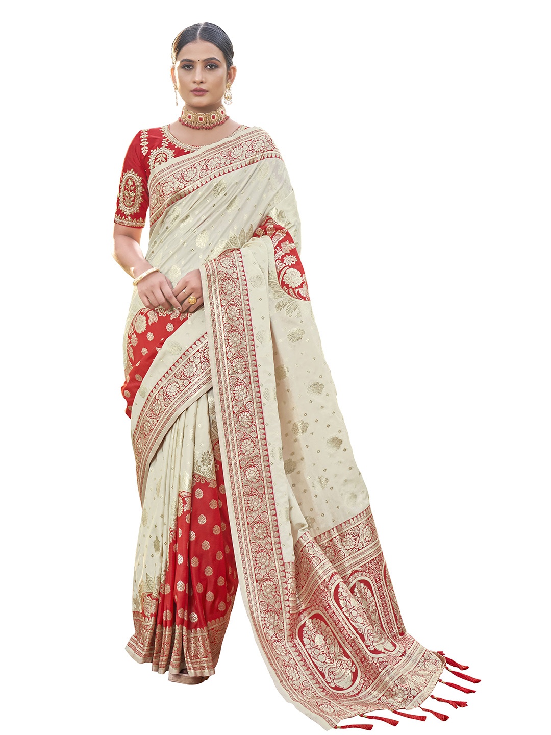 

MANOHARI Ethnic Motifs Zari Silk Blend Banarasi Saree, Cream
