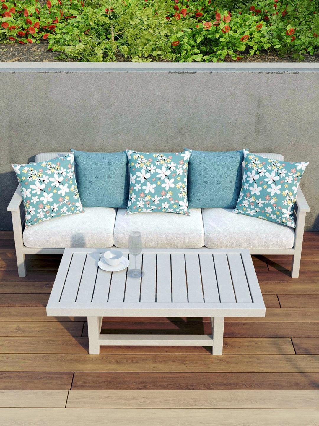 

CHHAVI INDIA 5 Pcs Blue & White Floral Printed Square Cushion Covers