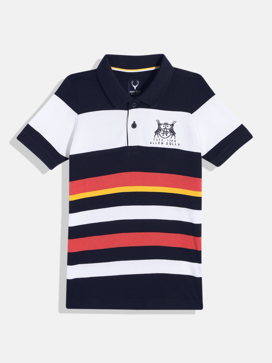 

Allen Solly Junior Boys Striped Pure Cotton Polo Collar T-shirt, Navy blue