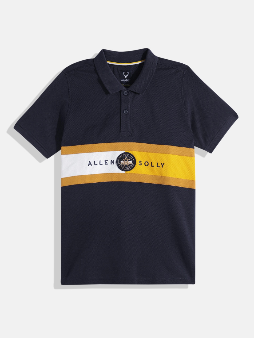 

Allen Solly Junior Boys Brand Logo Printed Polo Collar T-shirt, Navy blue