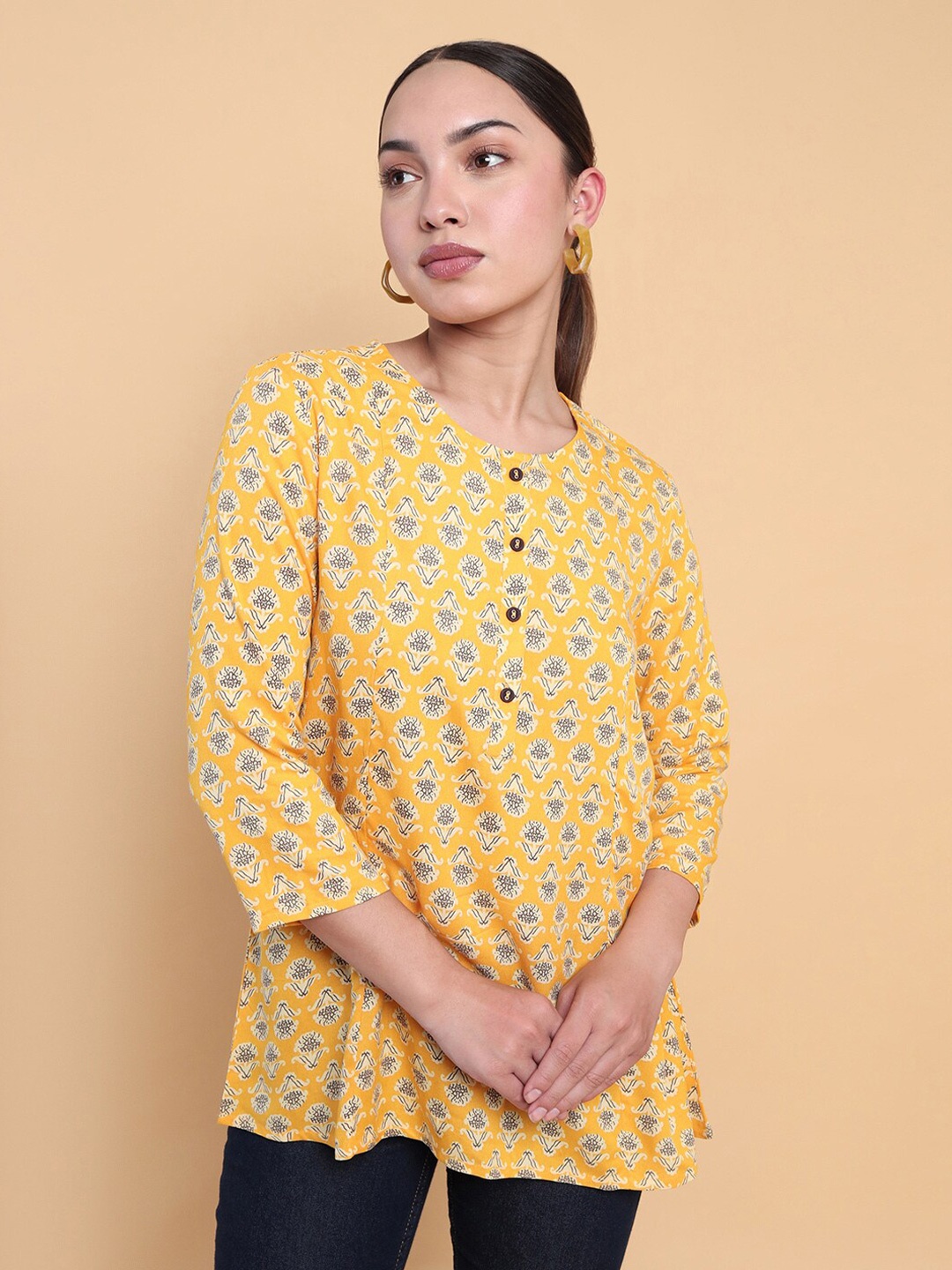 

Soch Floral Printed Round Neck Tunic, Mustard