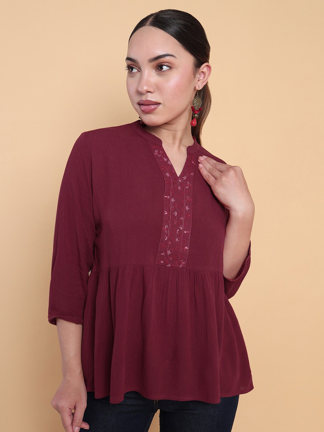 

Soch Yoke Embroidered Band Collar Tunic, Maroon