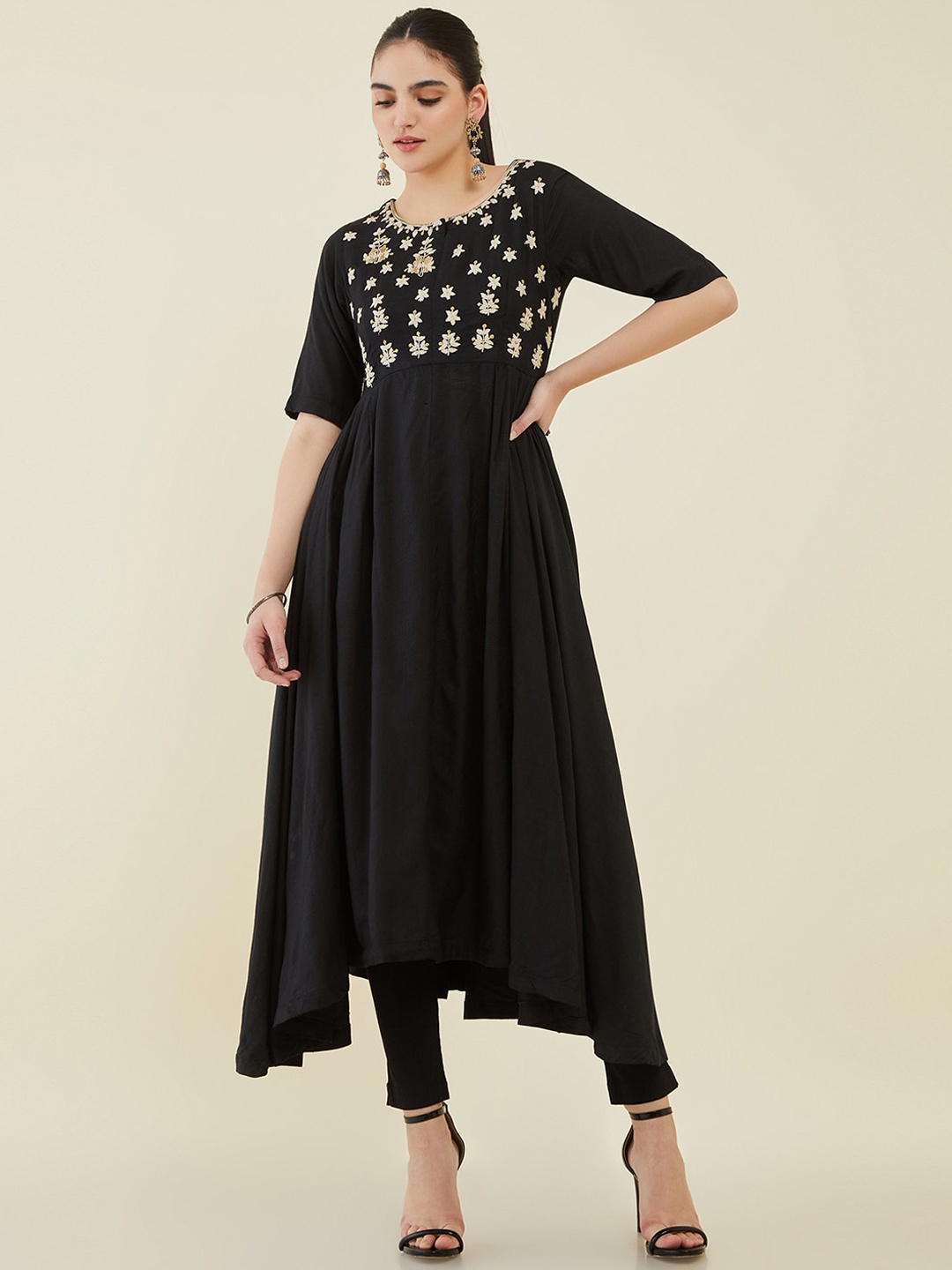 

Soch Women Ethnic Motifs Yoke Design Keyhole Neck Anarkali Kurta, Black