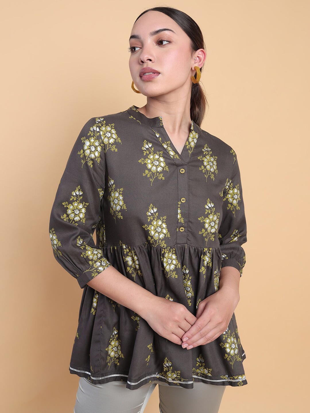 

Soch Floral Printed Band Collar Tunic, Grey