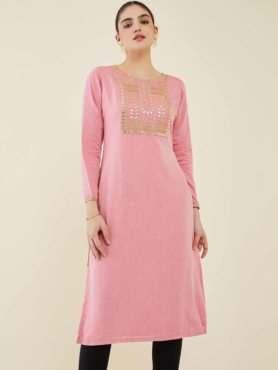 

Soch Women Ethnic Motifs Yoke Design Thread Work Pastels Kurta, Pink