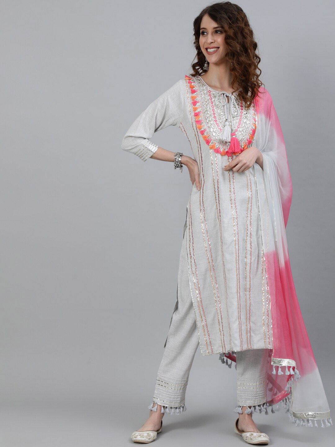 

Ishin Embroidered Gotta Patti Kurta with Trousers & Dupatta, Grey