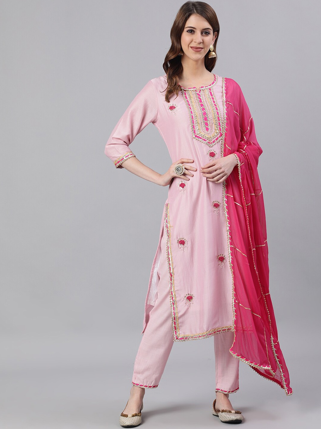 

Ishin Women Floral Embroidered Kurta with Trousers & Dupatta, Pink