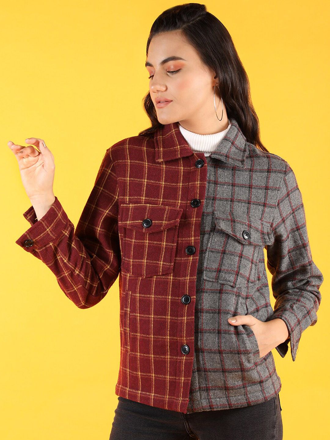 

Dlanxa Women Windowpane Checks Casual Acrylic Shacket, Maroon