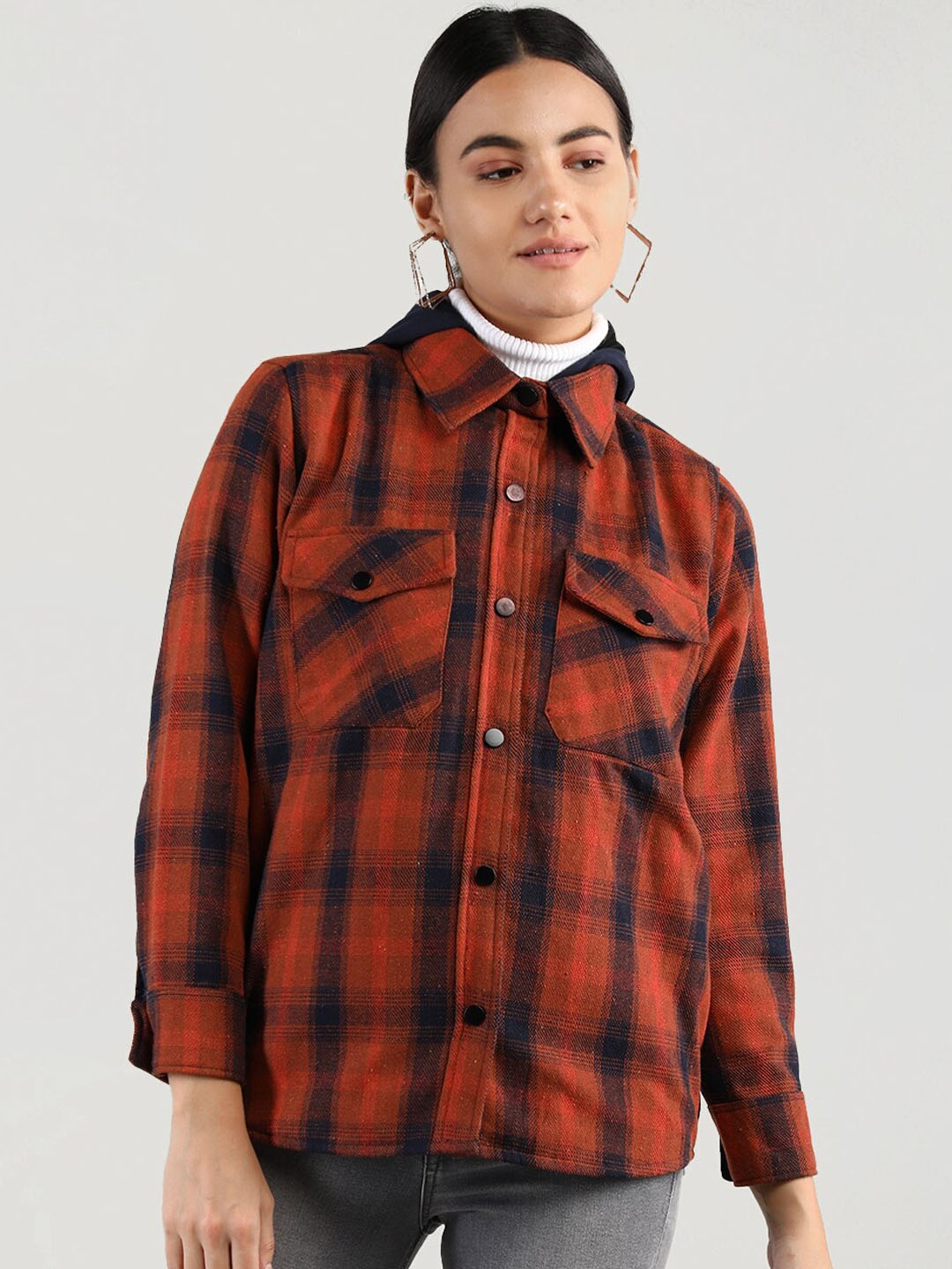 

Dlanxa Women Tartan Checked Casual Acrylic Shirt, Rust