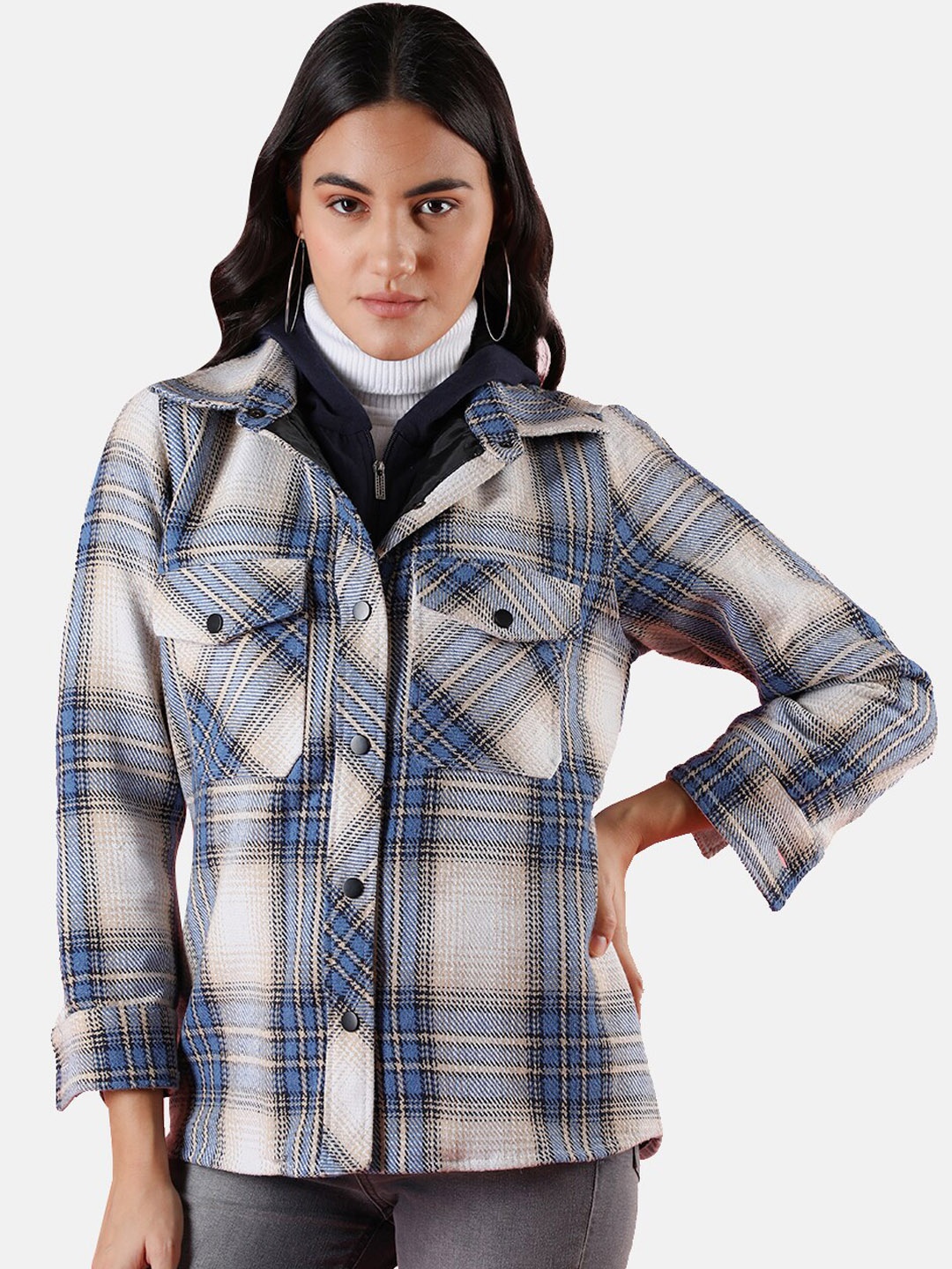 

Dlanxa Women Tartan Checks Cotton Shacket, Beige