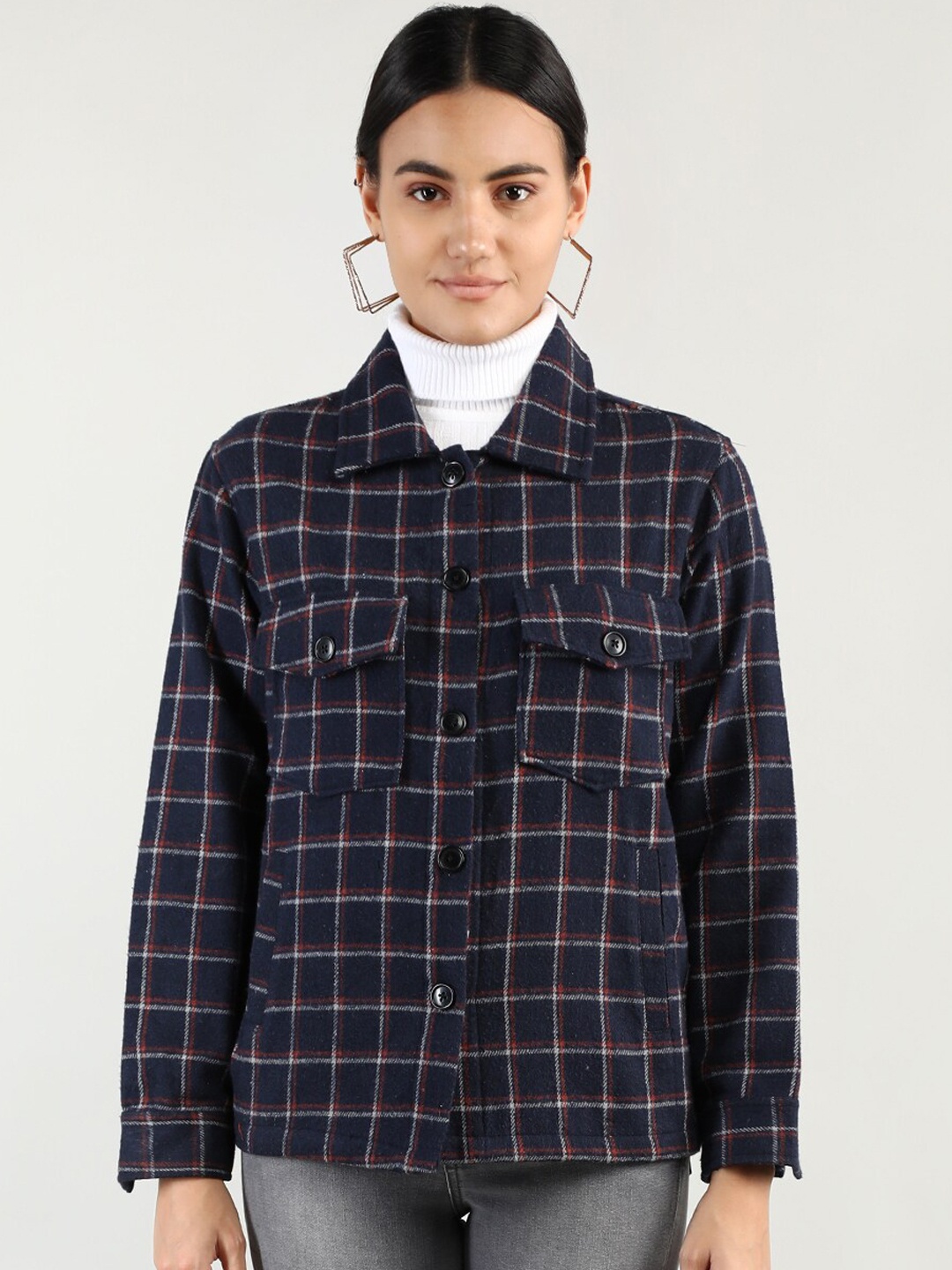 

Dlanxa Women Checked Cotton Open Front Jacket, Navy blue