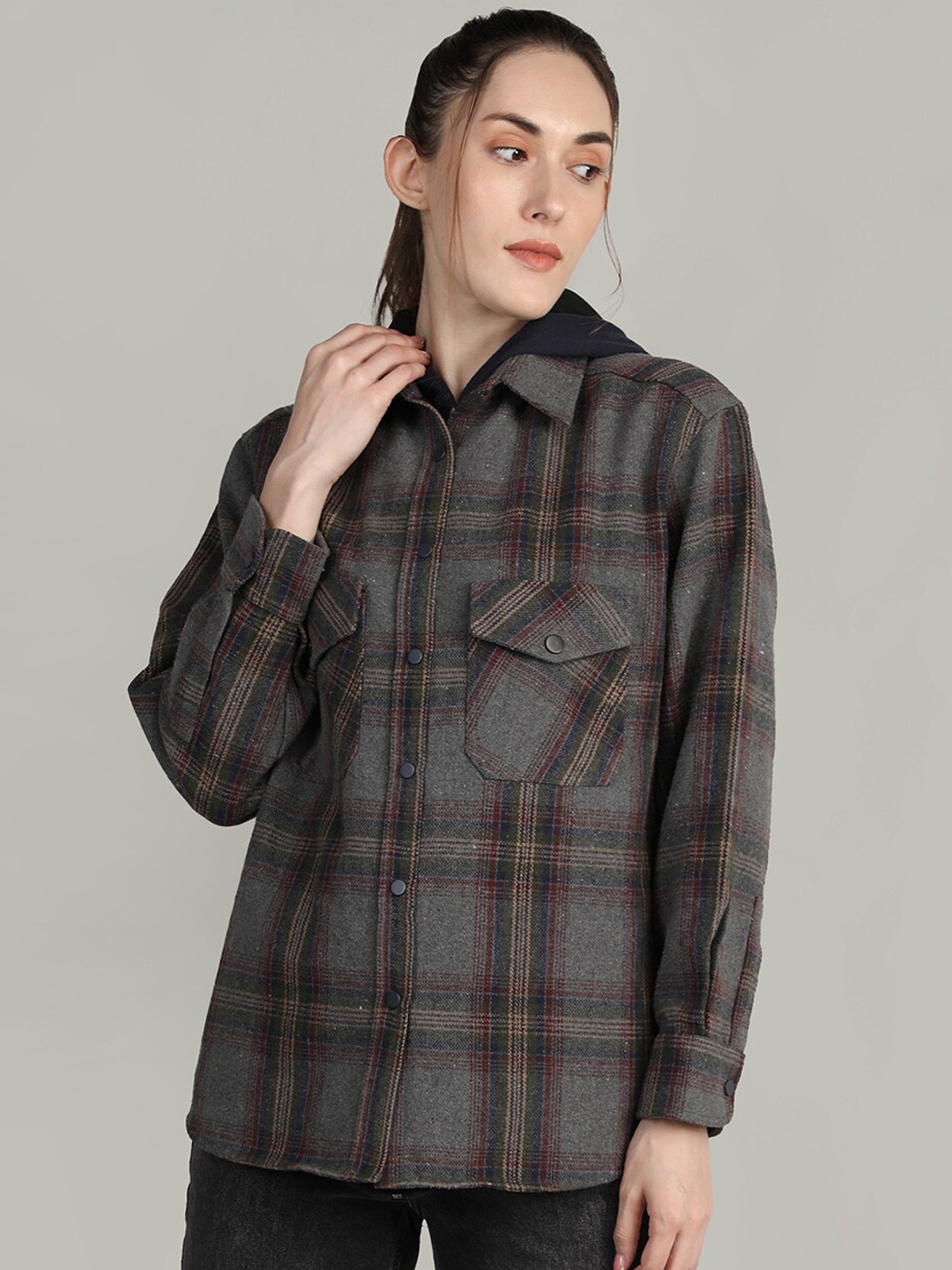 

Dlanxa Women Tartan Checks Casual Cotton Shacket, Grey