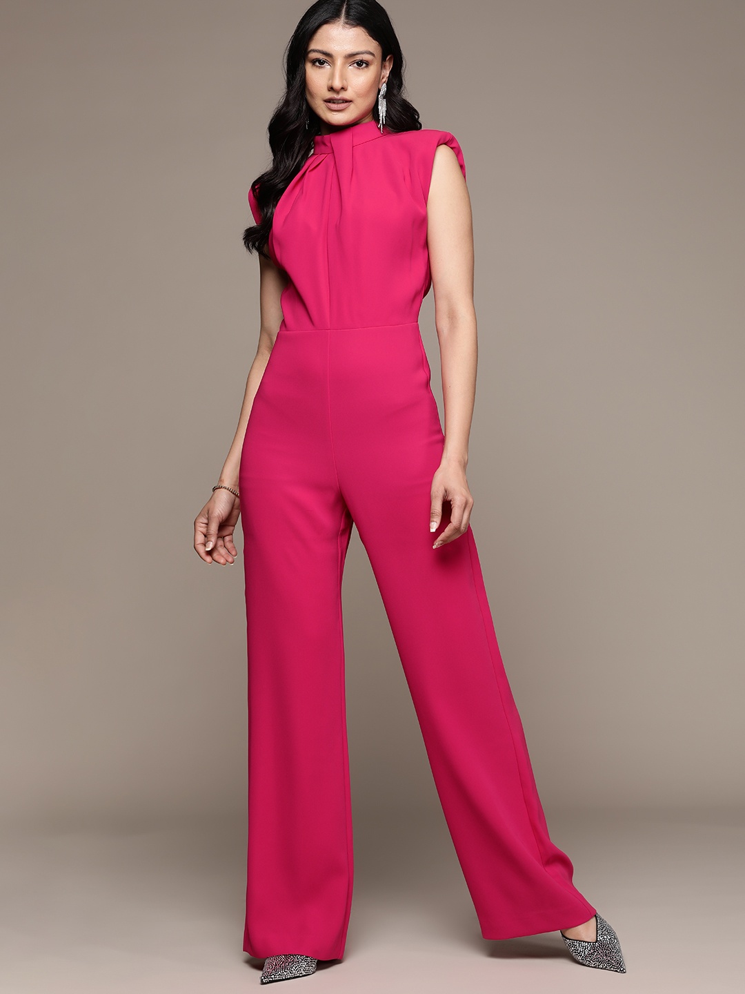 

MANGO Solid Flared Jumpsuit with Shoulder Pads, Pink