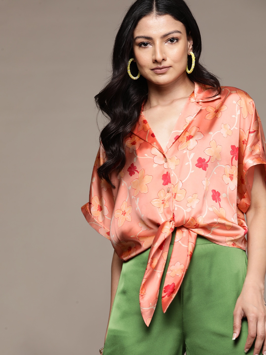 

MANGO Floral Printed Tie-Up Detailed Extended Sleeves Satin Top, Peach