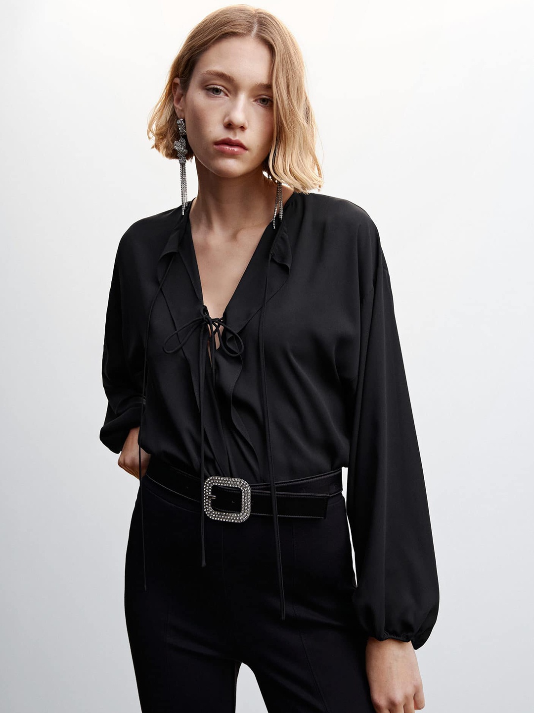 

MANGO Solid Tie-Up Neck Top, Black