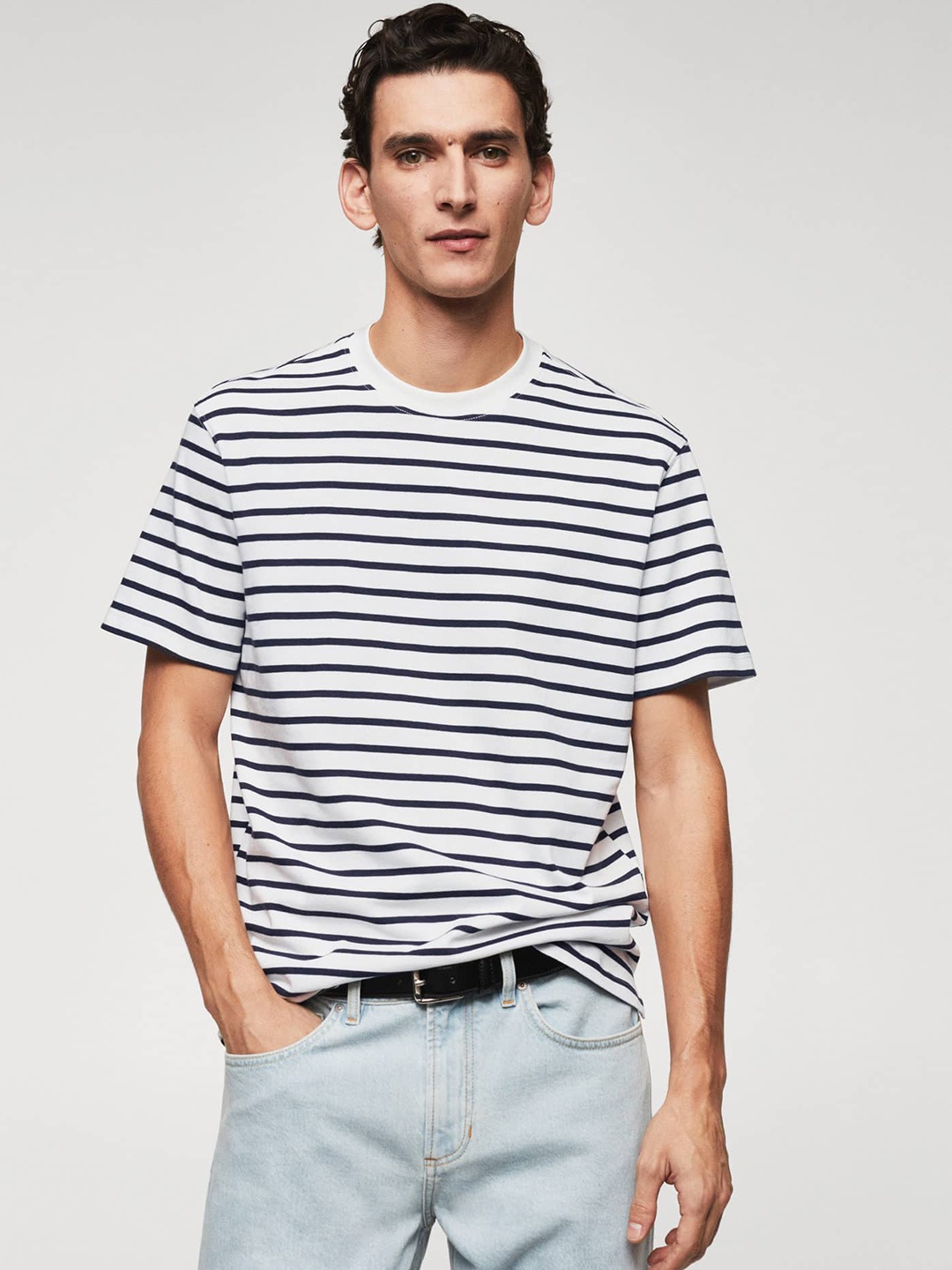 

MANGO MAN Striped Monochrome Pure Cotton T-shirt, White