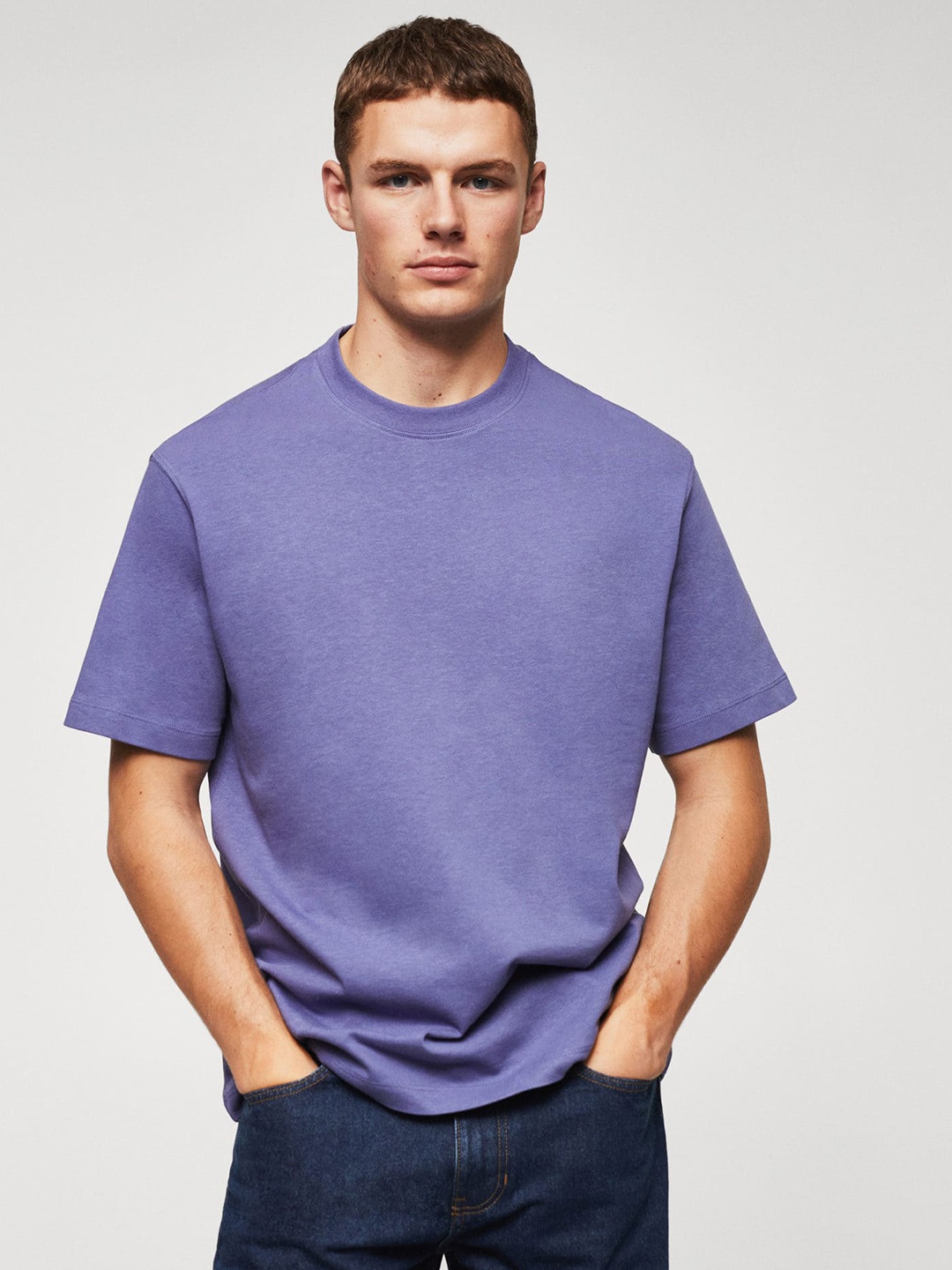 

MANGO MAN Drop-Shoulder Sleeves Pure Cotton T-shirt, Violet