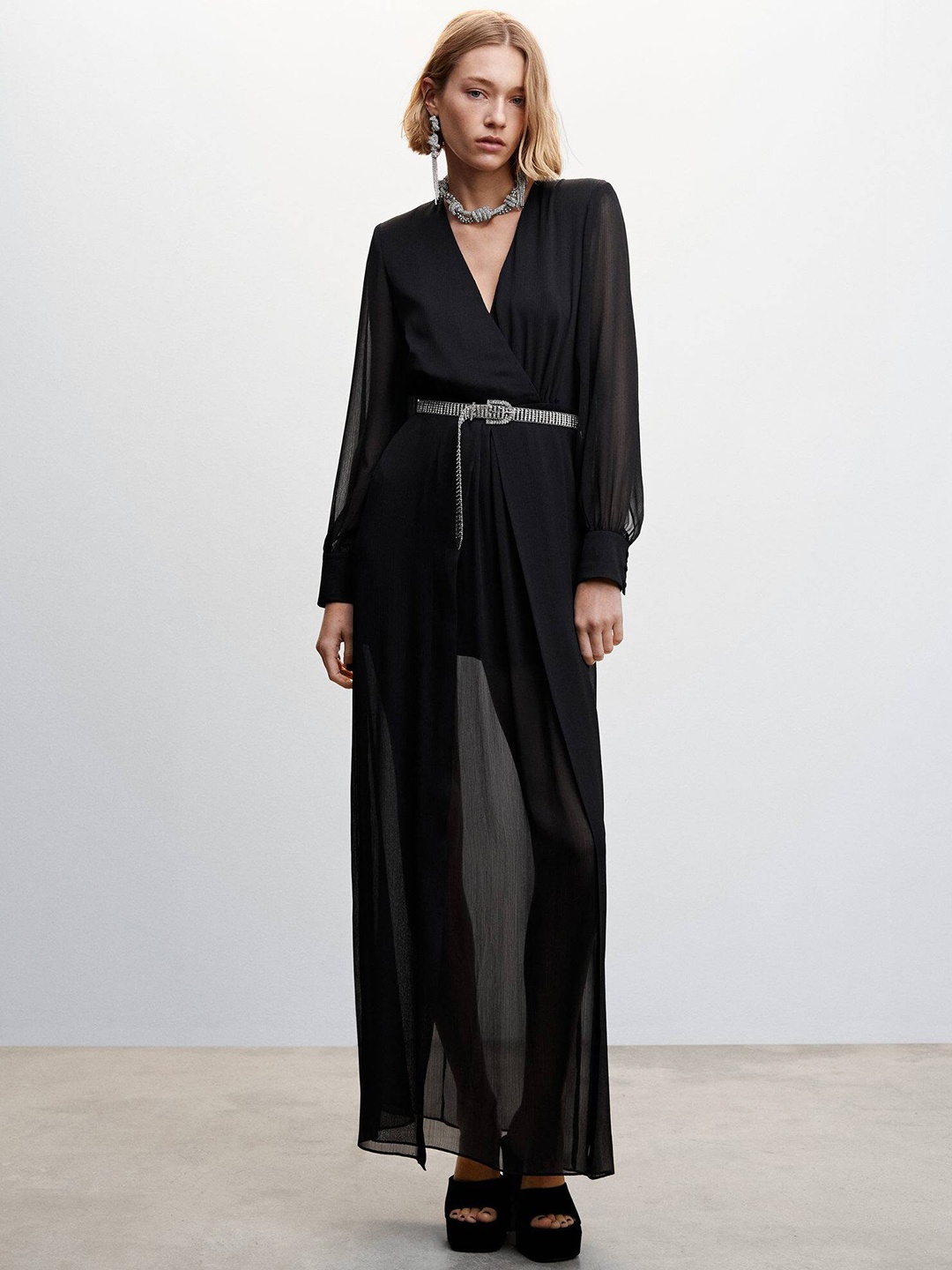 

MANGO Slit Detail Wrap Style Chiffon Maxi Dress, Black