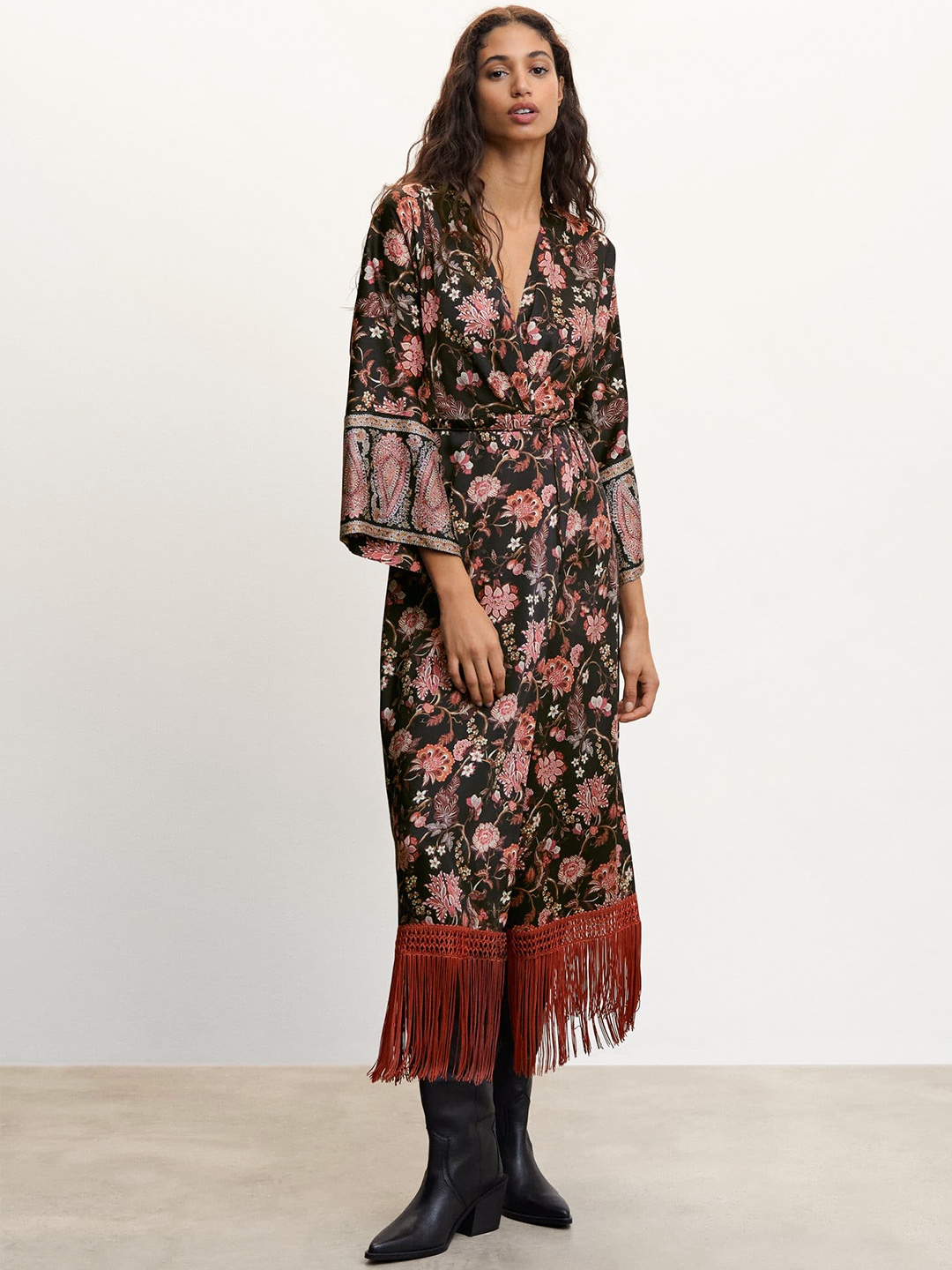 

MANGO Floral Print Flared Sleeve Fringed Hem Midi Dress, Red