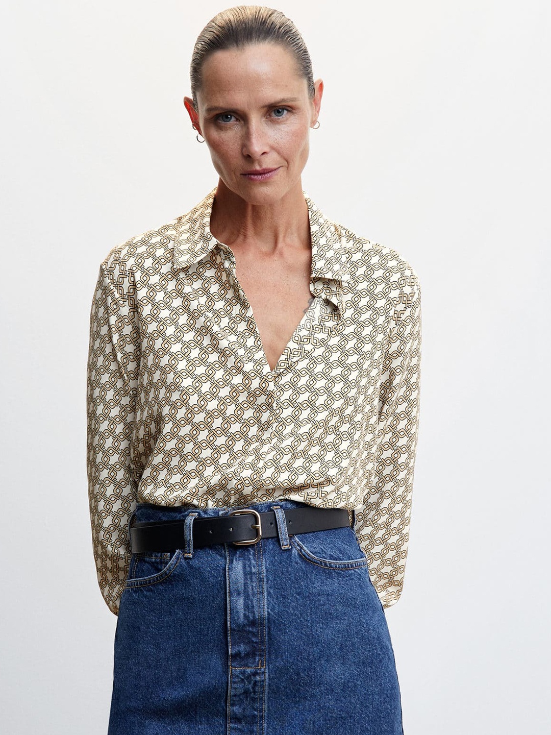 

MANGO Women Geometric Print Sustainable Casual Shirt, White